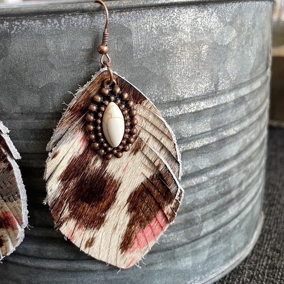 MULTI-TONED Leather Feather Fringed Earrings - Picture 2 of 2